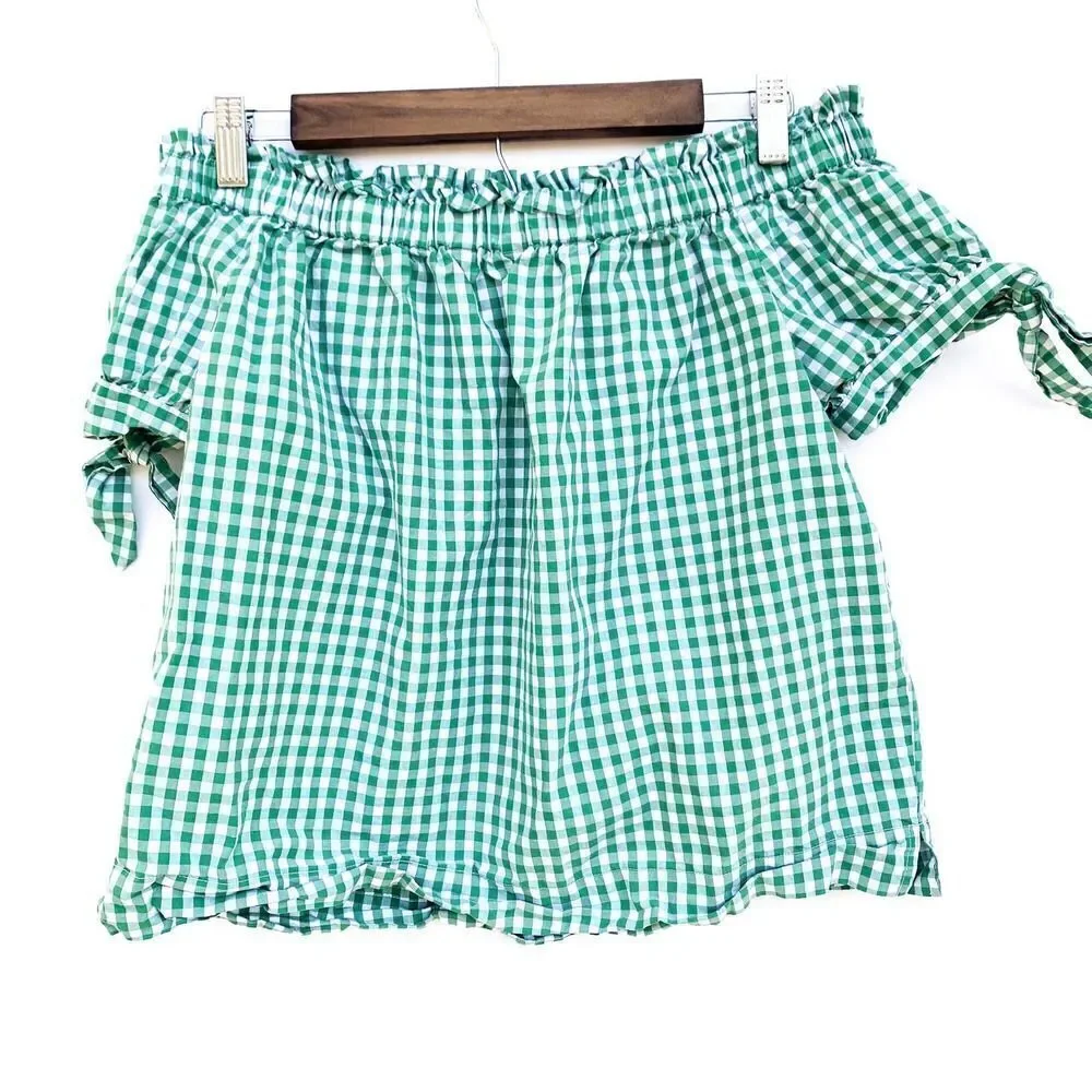 J. Crew White Green Gingham Off the Shoulder Top